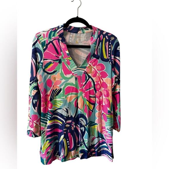 Lilly Pulitzer Vero Multi Exotic Garden Tunic Size Small V Neck 3/4 Sleeve - Picture 1 of 4